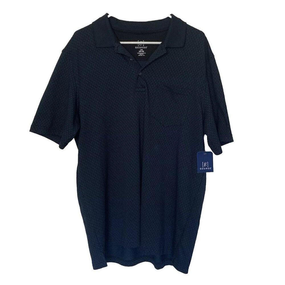 George Mens L 42-44 Jersey Polo Shirt Short Sleeve NWT Black Teal Patterned